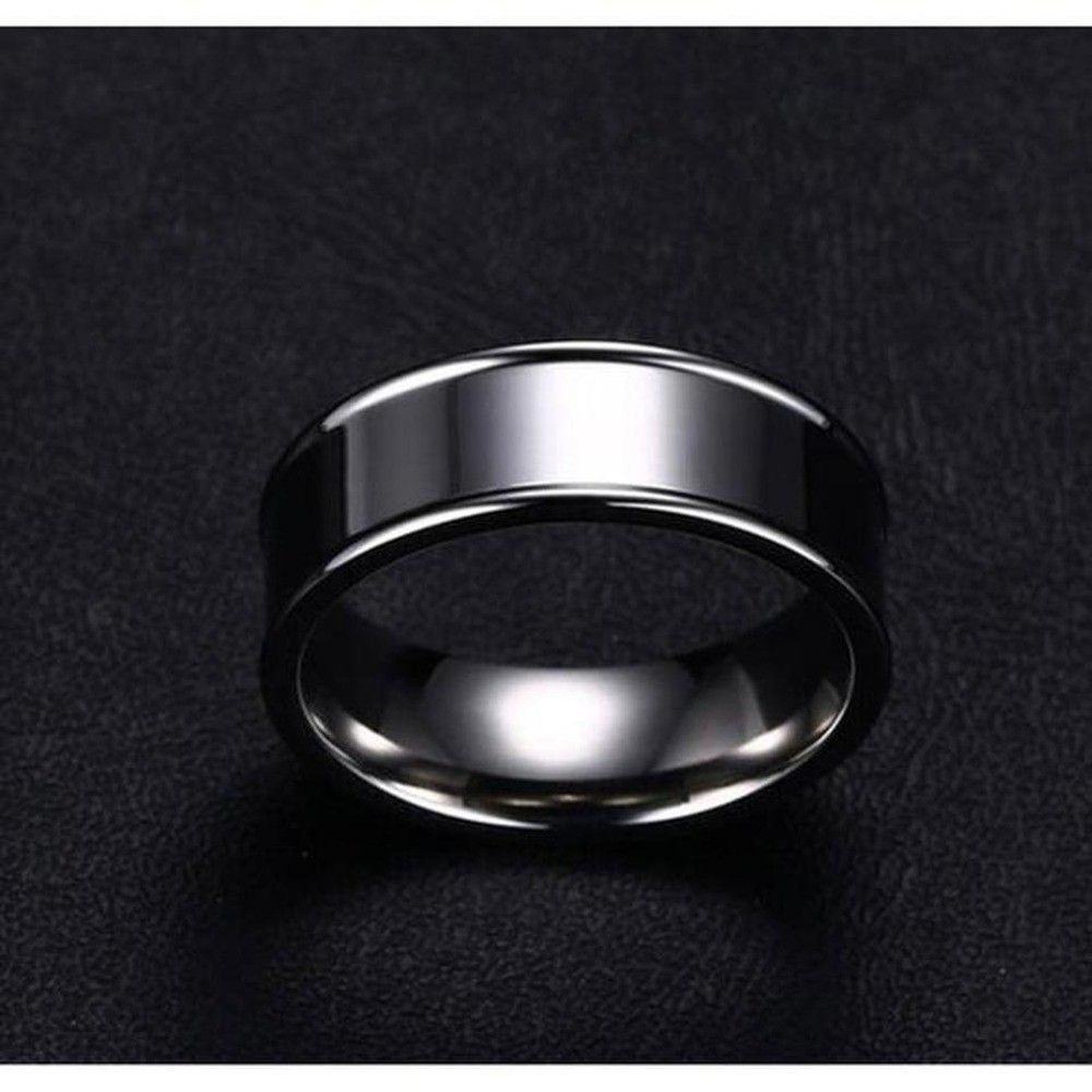 Silver Tungsten Band Ring Polished Finish W/ Ridged Edge Unisex 8mm Width-Size 9 - Picture 5 of 11